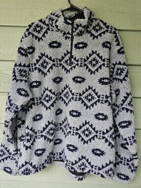 Wrangler Men's Large Sherpa Fleece 1/4-Zip Pullover Sweater Black Gray~Aztec